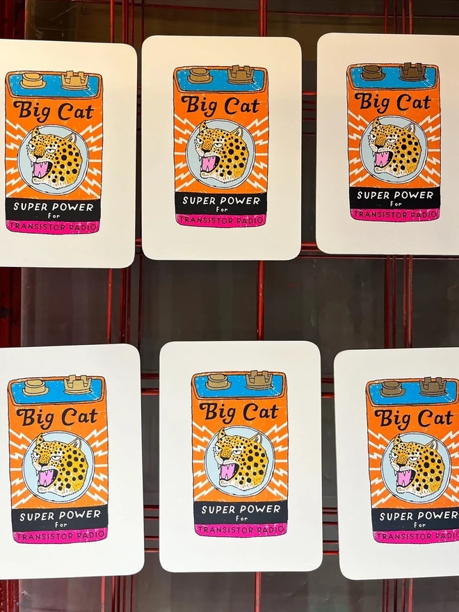 Big Cat Power Battery Screenprint, a group of colourful cat designs against a studio rack. 
