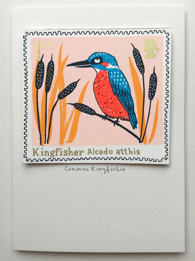 Bird Stamp Card British/ Common Kingfisher Stamp, a white card with a common kingfisher stamp in the centre against a white background. 