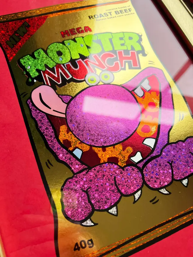 Monster Munch Roast Beef Print, a colourful monster munch print sitting on a decorated backdrop. 