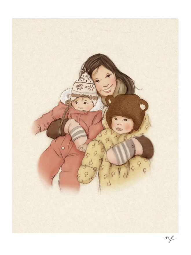 a personalised drawing of a mother cuddling her 2 babies, drawn in a traditional story book style in pencil with subtle pretty colours