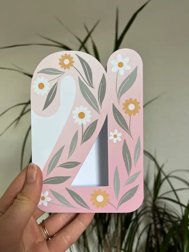 floral 21st birthday card. card shaped like number 21 with illustrated flowers and leaves.
