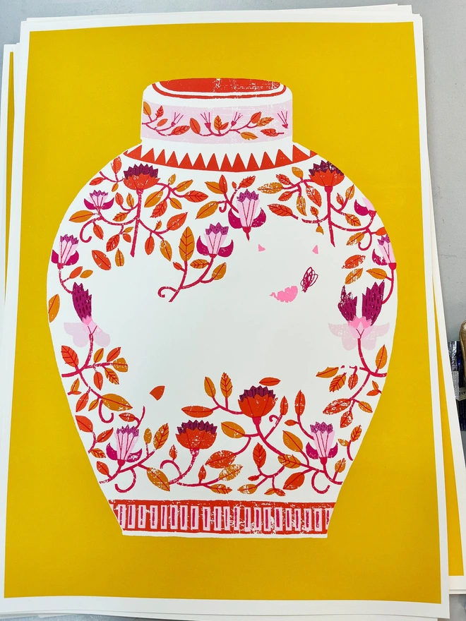 Lion Ginger Jar Lollapalooza Lion Jar, a colourful lion jar design on a yellow screenprint. 