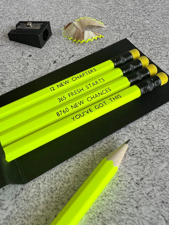 Close up of the quotes on a Neon Yellow Time Quote Pencil Set