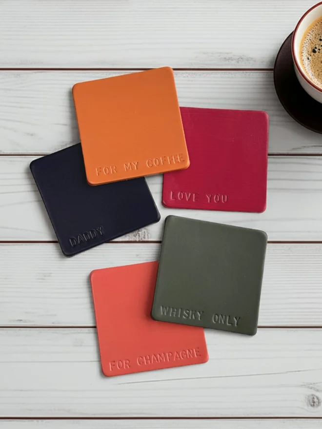 hand stamped leather coasters