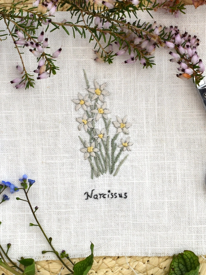 Floral Botanical embroidery kit of white Narcissus a symbol for December.  Meaning Stay as sweet as you are, Respect, Faithful, Good Wishes and Inner beauty.