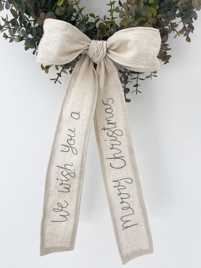 Christmas Embroidered Personalised Wired Linen Ribbon on wreath