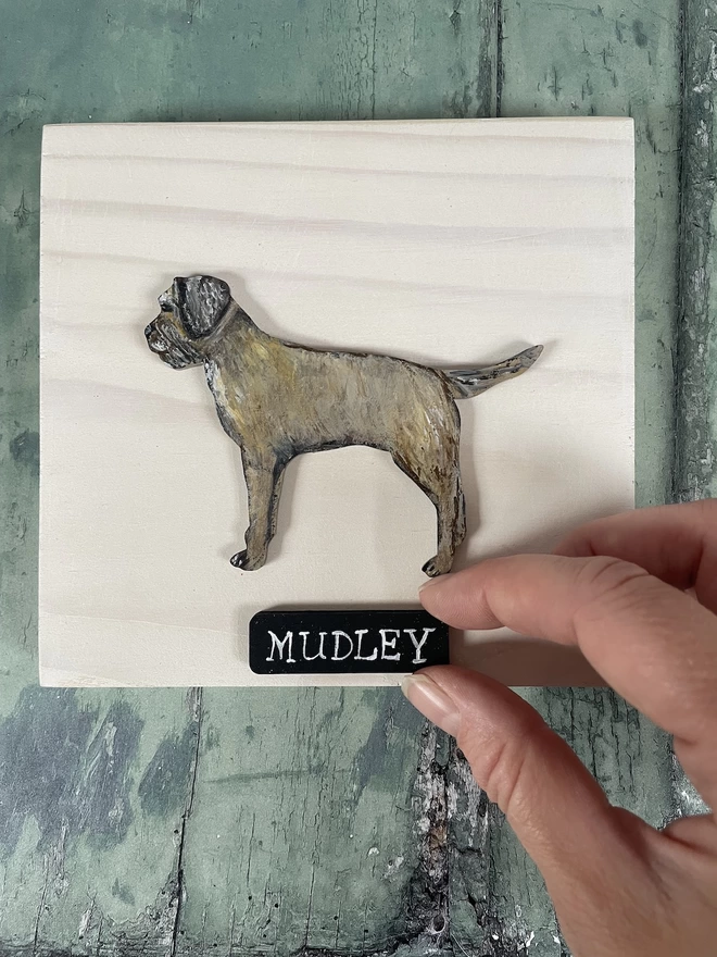 Border Terrier Portrait block 3D dog mounted on white washed wood