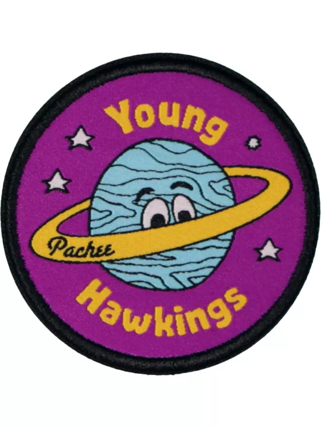 Purple circular patch. In the centre is a planet surrounded by stars and text saying 'Young Hawkings.'