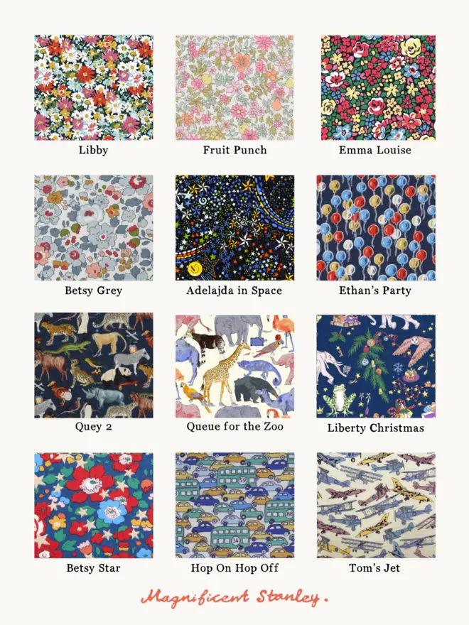 the choice of 12 Liberty Print swatches including floral prints, zoo animals, cars and planes