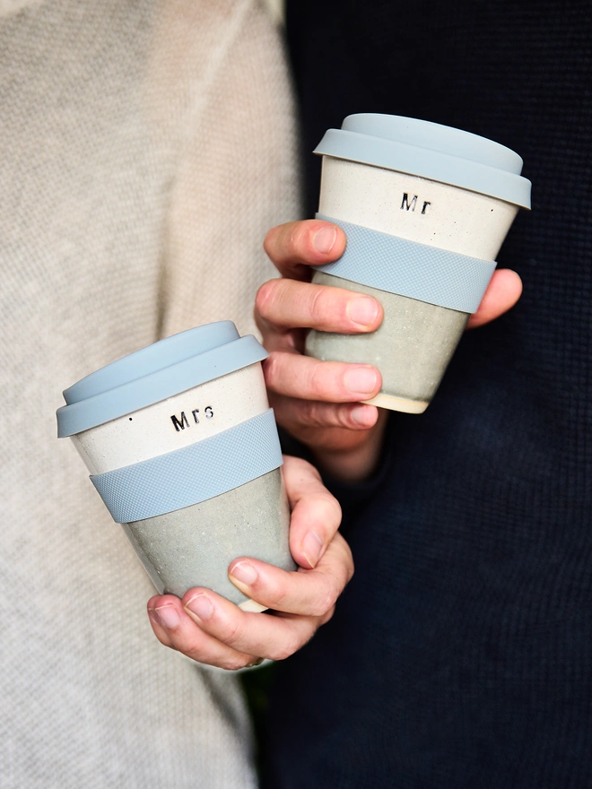 mr and mrs tall ceramic travel mug