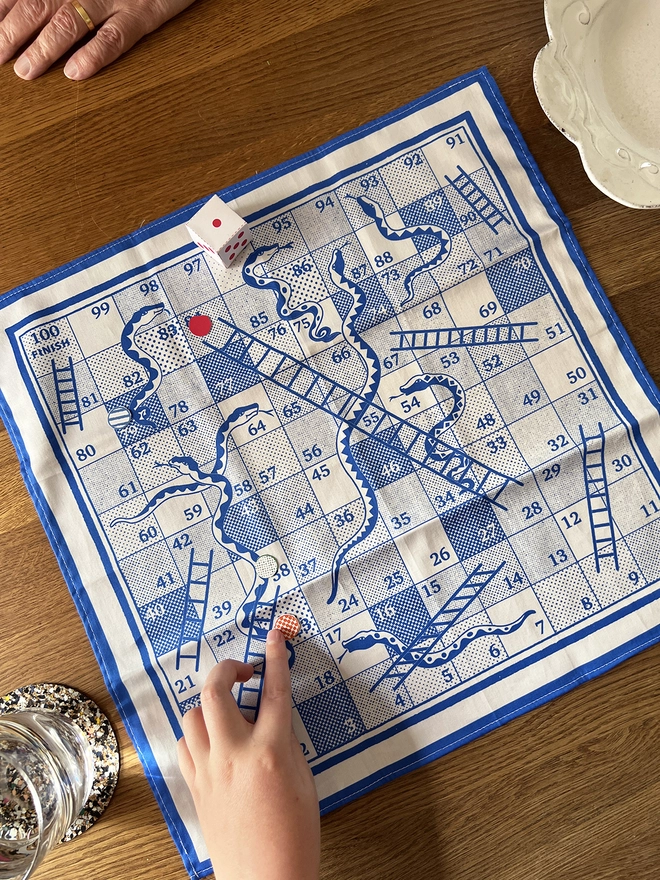 Mr.PS Snakes & Ladders Napkin in play using the cut out counters