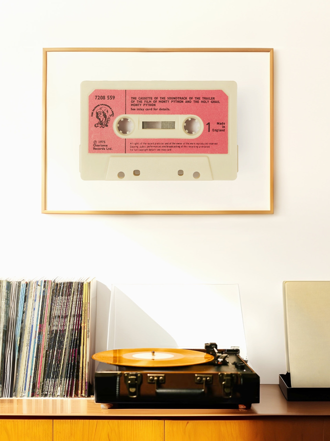 Monty Python Soundtrack Print. A large print in the shape of a cassette of the Monty Python soundtrack