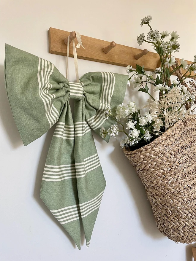 Green Ian Mankin Oxford Stripe Cotton Fabric Bow
