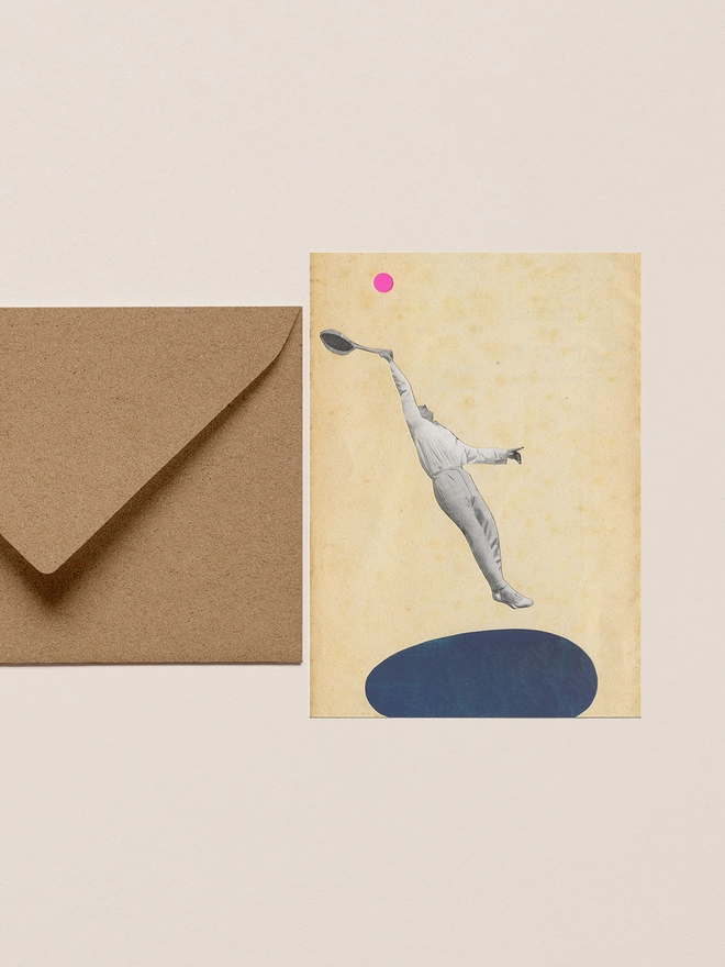 A greeting card depicting a male tennis player hitting a ball. 