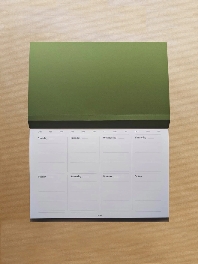 Rebel Stationery_A4 Weekly Desk Planner_Moss Green_Open