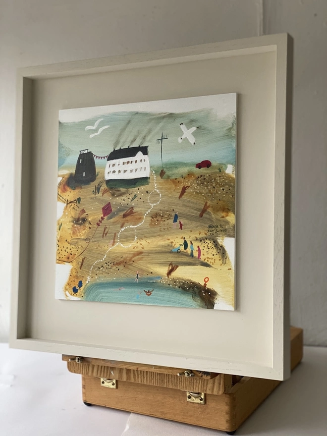 Charming whimiscal painting of the coast by Samantha Barnes, Narrative Art Beach Scene 