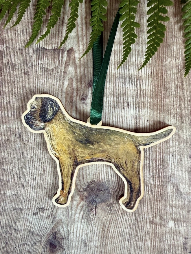 Border terrier dog Christmas decoration with green ribbon go hang 