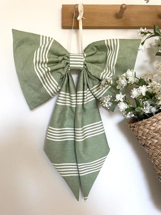 Green Ian Mankin Oxford Stripe Cotton Fabric Bow