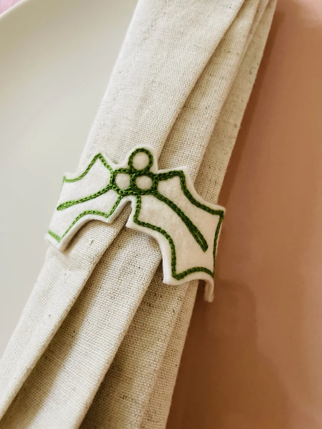 embroidered holly napkin ring