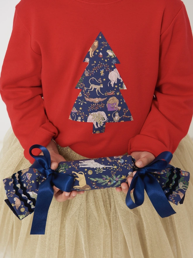 a 4 year old girl wearing a red t-shirt with a christmas tree cut from Liberty Christmas print sewn onto the front