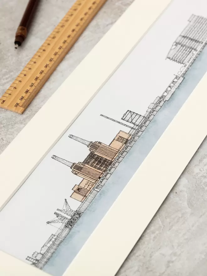 Detailed pen and watercolour drawing of Battersea Power Station, London, in a soft white mount