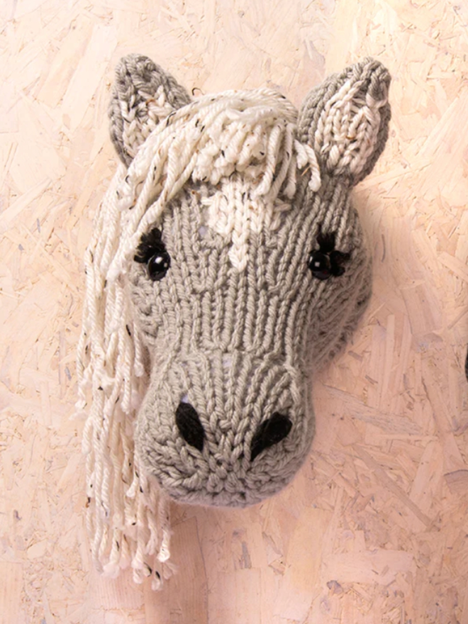 Horse Head Knitting Kit. A completed giant horse head.