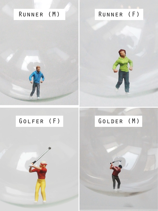 Miniature figures of a female runner, male runner, female golfer and male golfer in christmas baubles 
