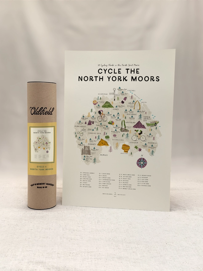 Cycle the North York Moors map print with tube packaging