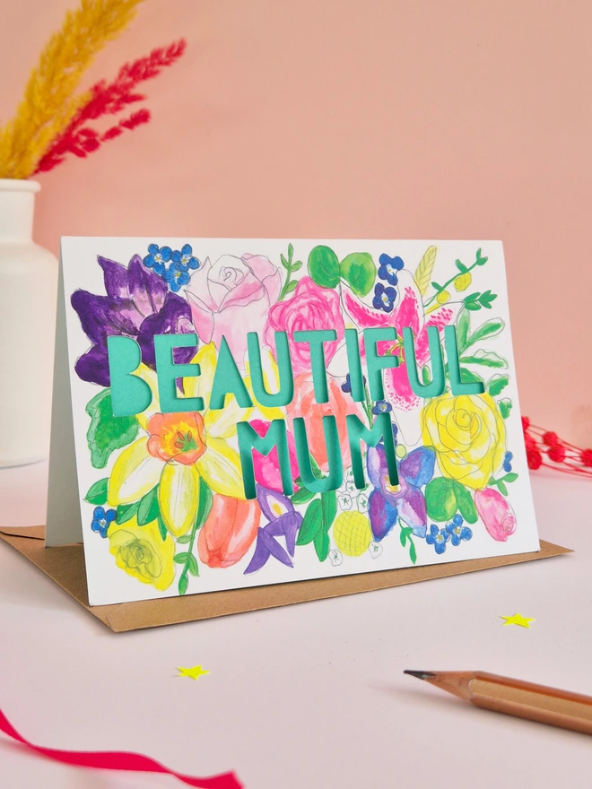 Floral Illustration card with beautiful Mum paper cut text and turquiose liner 