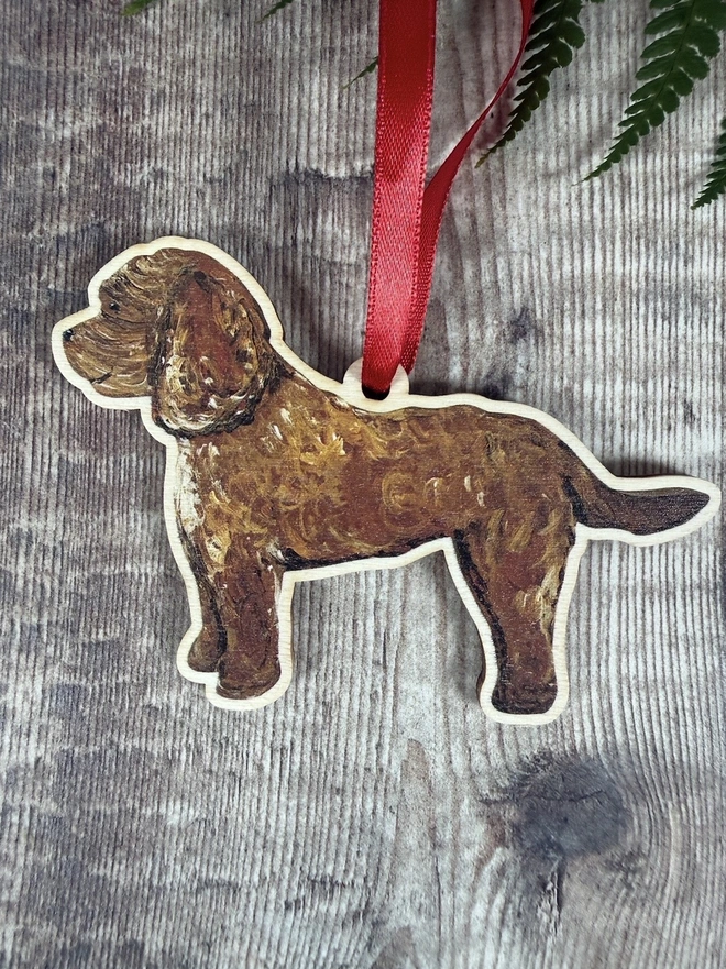 Cockapoo dog Christmas decoration with red silky ribbon to hang 