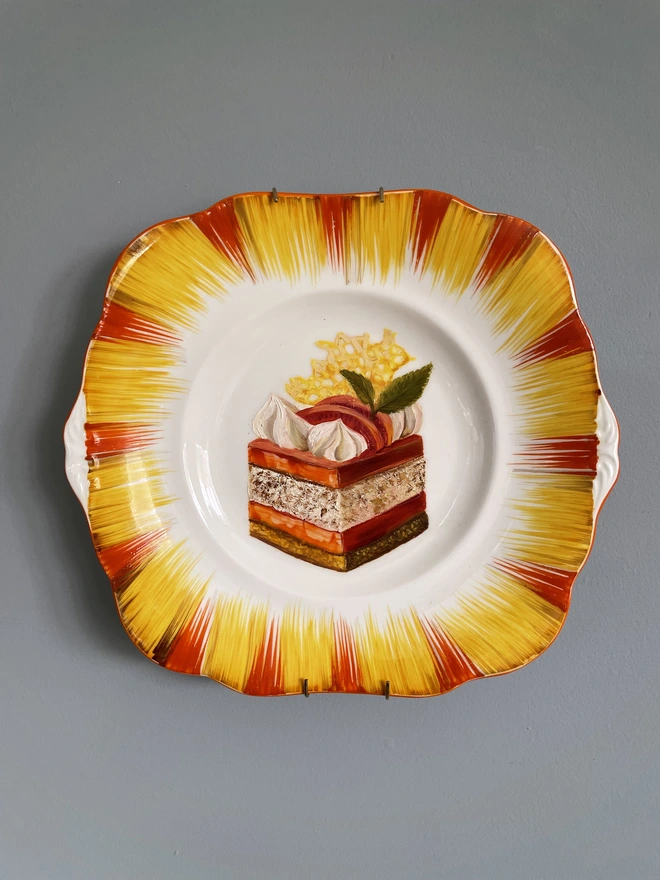 peach gateau painting on 1930s plate