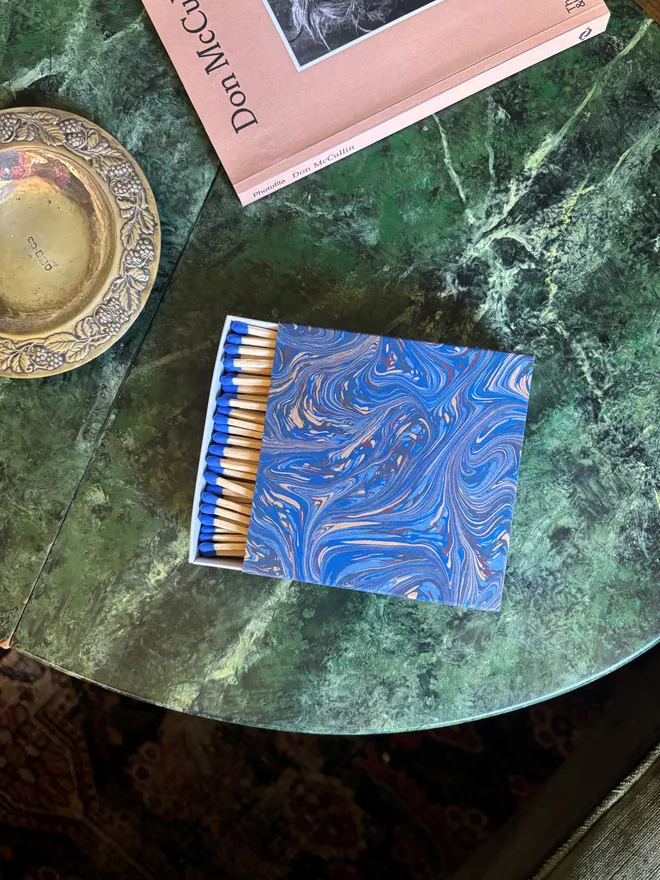 dark blue swirl marbled square matchbox