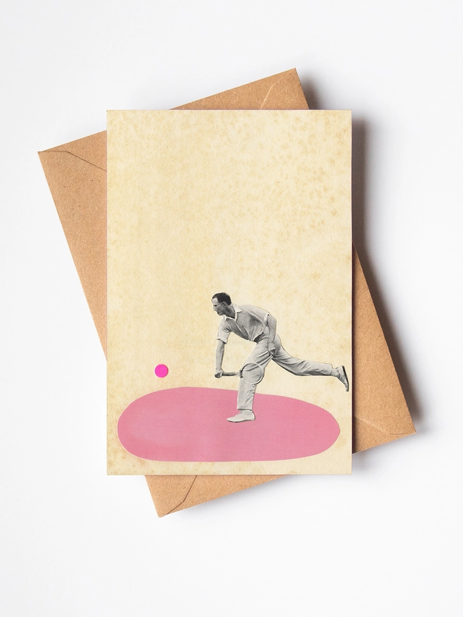 A greeting card depicting a male tennis player hitting a ball. 