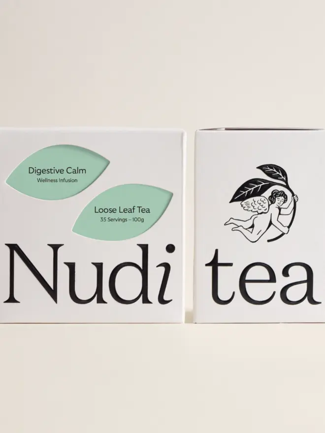 white box of digestive calm tea with teal leaf design