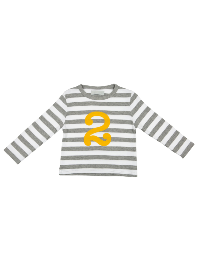 Grey Marl & White Striped Number 2 T Shirt (Mustard)