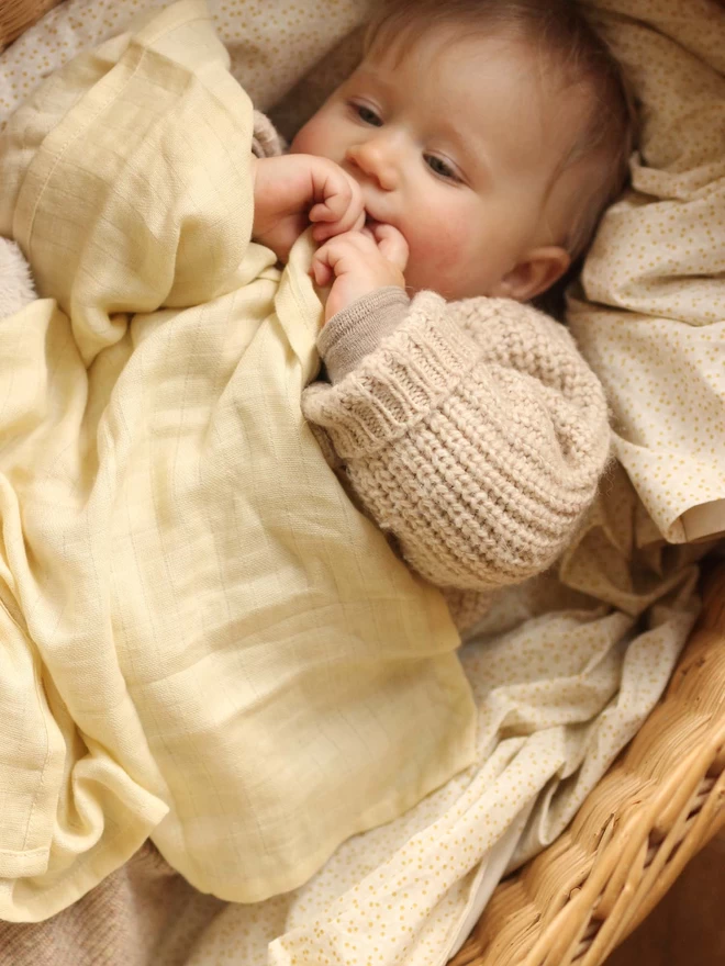 Baby snuggling in muslin squares wild chamomile