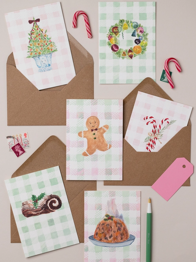 cute gingham illustrated christmas card selection of six