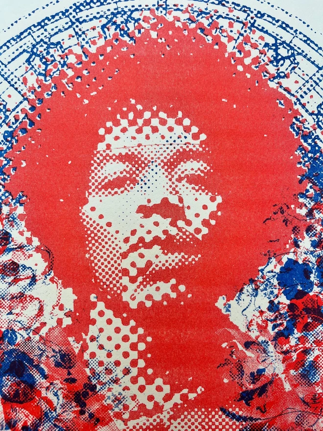 'Jimi Hendrix' Handmade Risograph Gig Poster, zoomed in.  