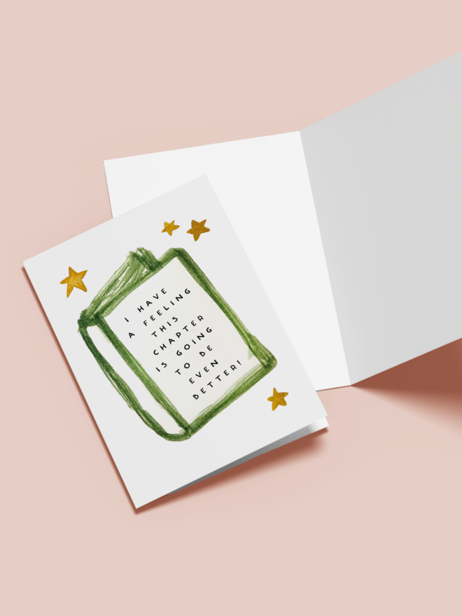 'this chapter is going to be even better' card. a white card with an illustrated book and stars.