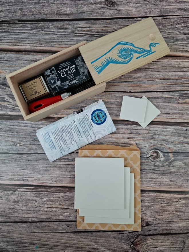 Lino stamp carving & block printing kit in Wooden box for printing on paper with versafine clair ink pad and pack of mastercut soft white lino
