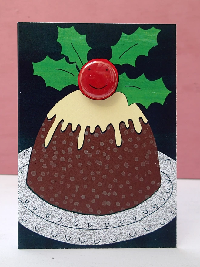 christmas pudding greeting card with pin badge