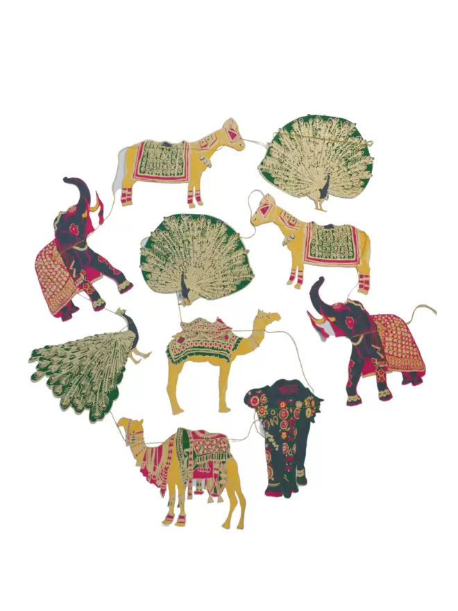 Cut-out of India garland - gold embellished peacocks, elephants, donkeys and camels