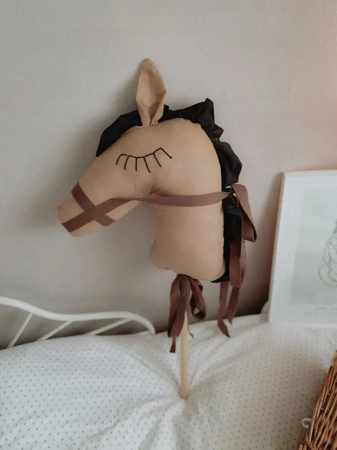 Handmade Brown Cotton Hobby Pony on Stick, Nursery Ride-On Toy