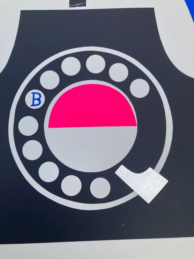 'Dial B For Blue Skies' Screenprint, a colourful screenprint outside that says 'Dial b for blue skies'. It depicts a telephone with a rainbow. 