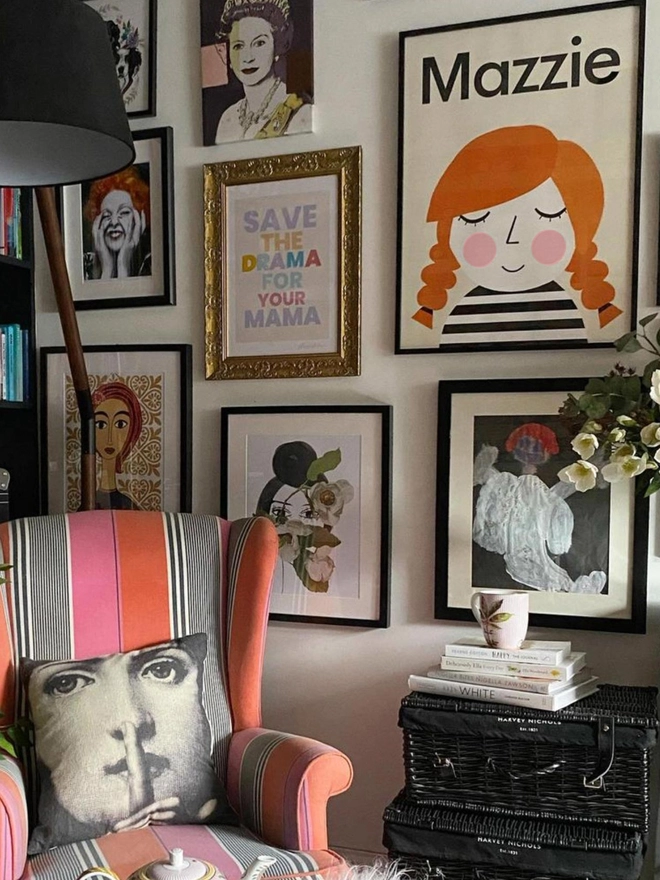 illustrated personalised portrait on a wall full of pictures