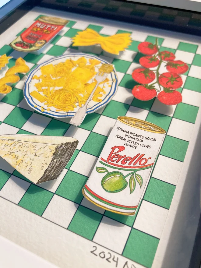 Colourful framed collage featuring Mediterranean food, with vibrant pasta dishes, tomatoes, and olives, set against a green and white checkered backdrop.