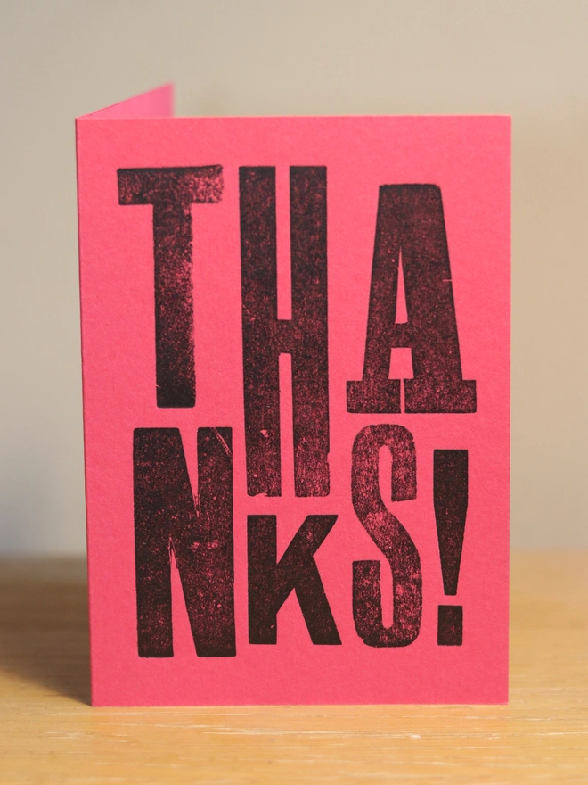 Vintage handmade letterpress printed thank you card in pink