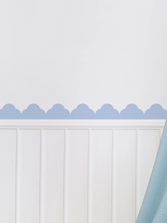 Temple Scallop in Pale Blue above whitel panelling on a white wall