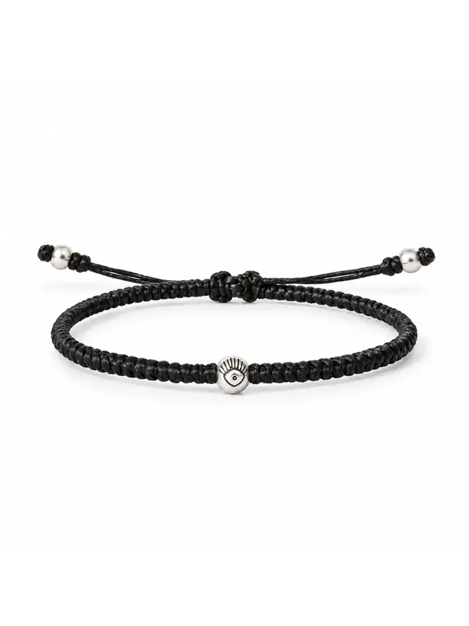women’s black cord bracelet sterling silver evil eye charm handmade London
