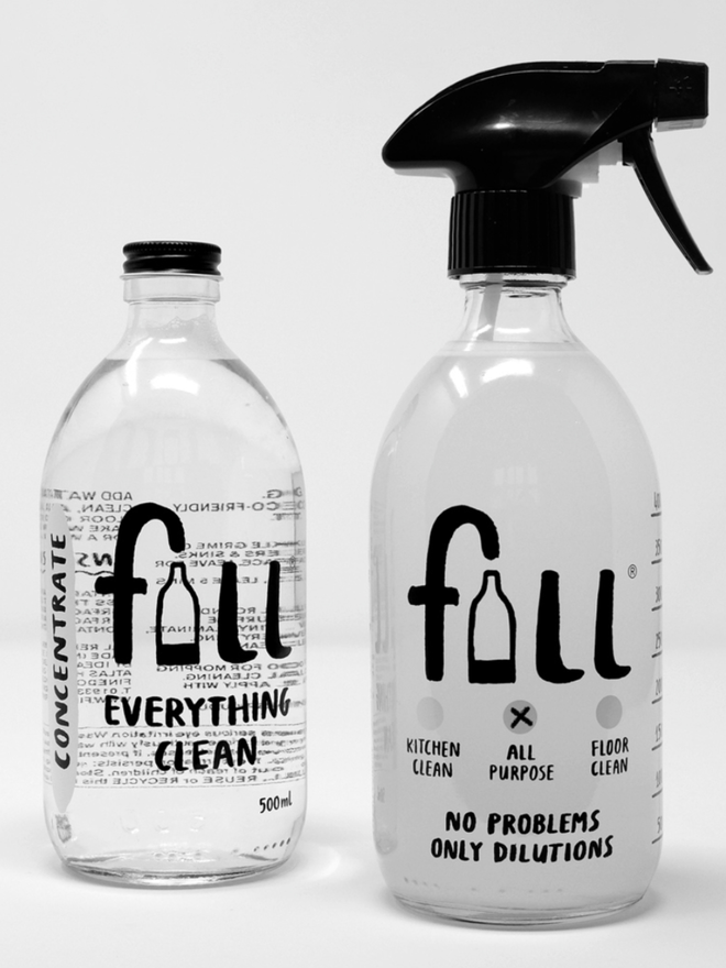 Everything Clean Time to Concentrate. Two glass bottles. One, the Everything Clean concentrate, is clear. The other, the Dilution Bottle, is cloudy due to its contents.